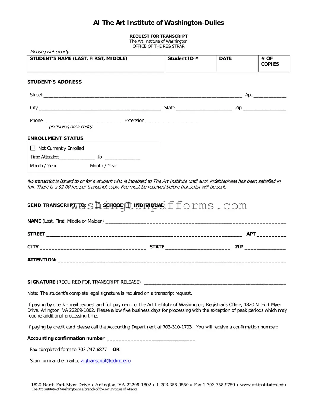 Fillable Art Institute Of Washington Transcript Request Template