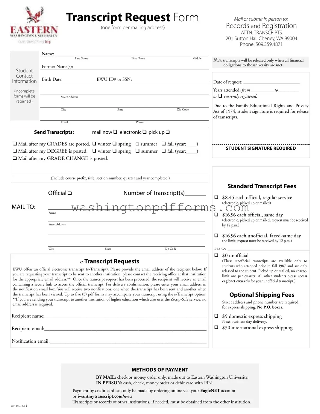 Fillable Eastern Washington University Transcript Template