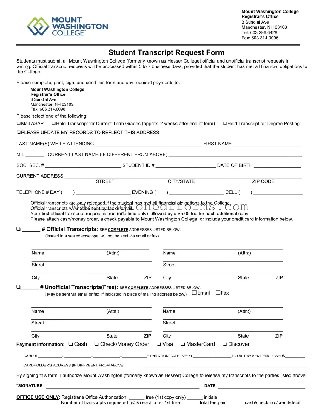 Fillable Mount Washington College Transcript Template