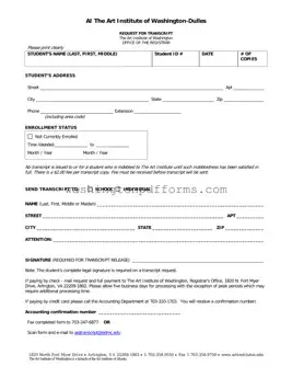 Fillable Art Institute Of Washington Transcript Request Template