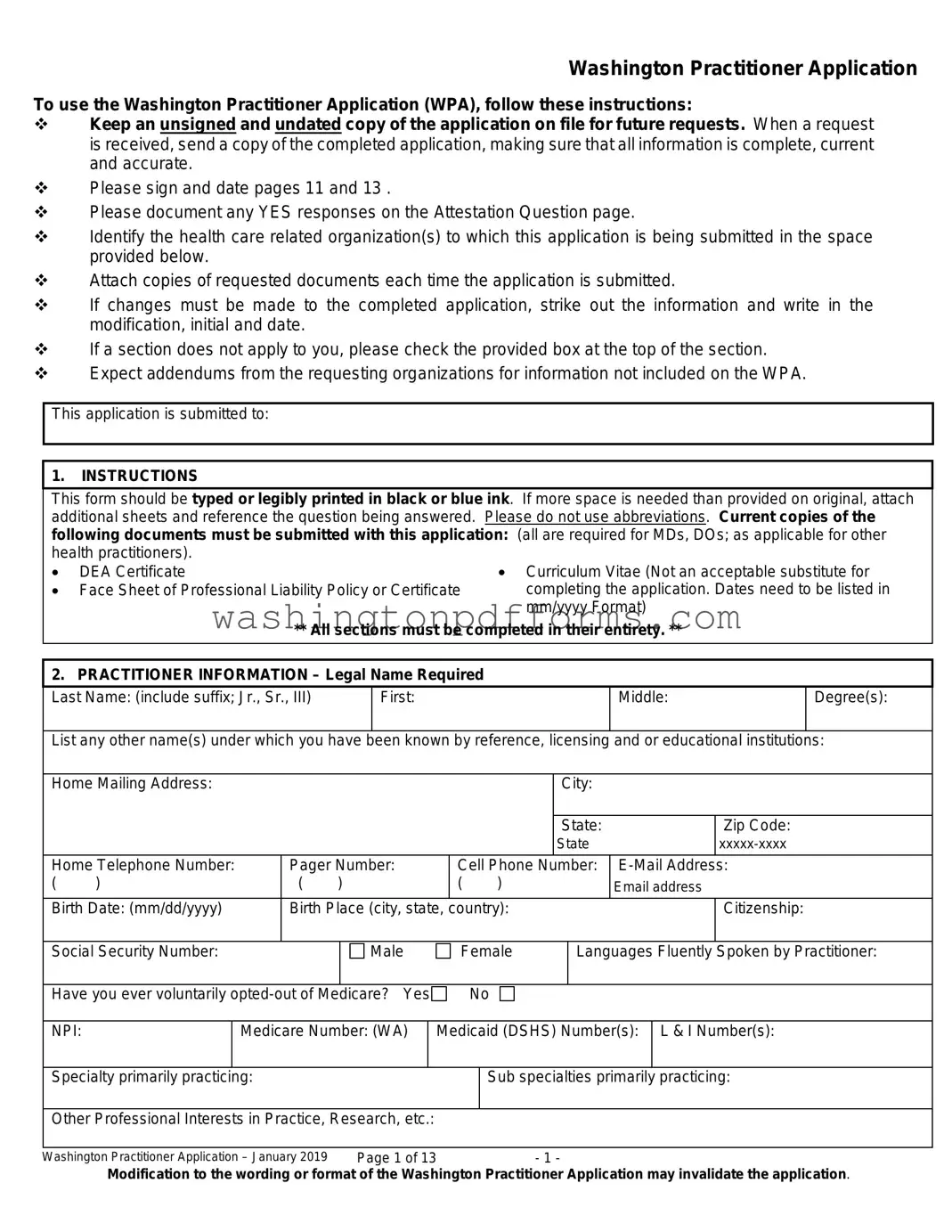 Fillable Wa Practitioner Application Template