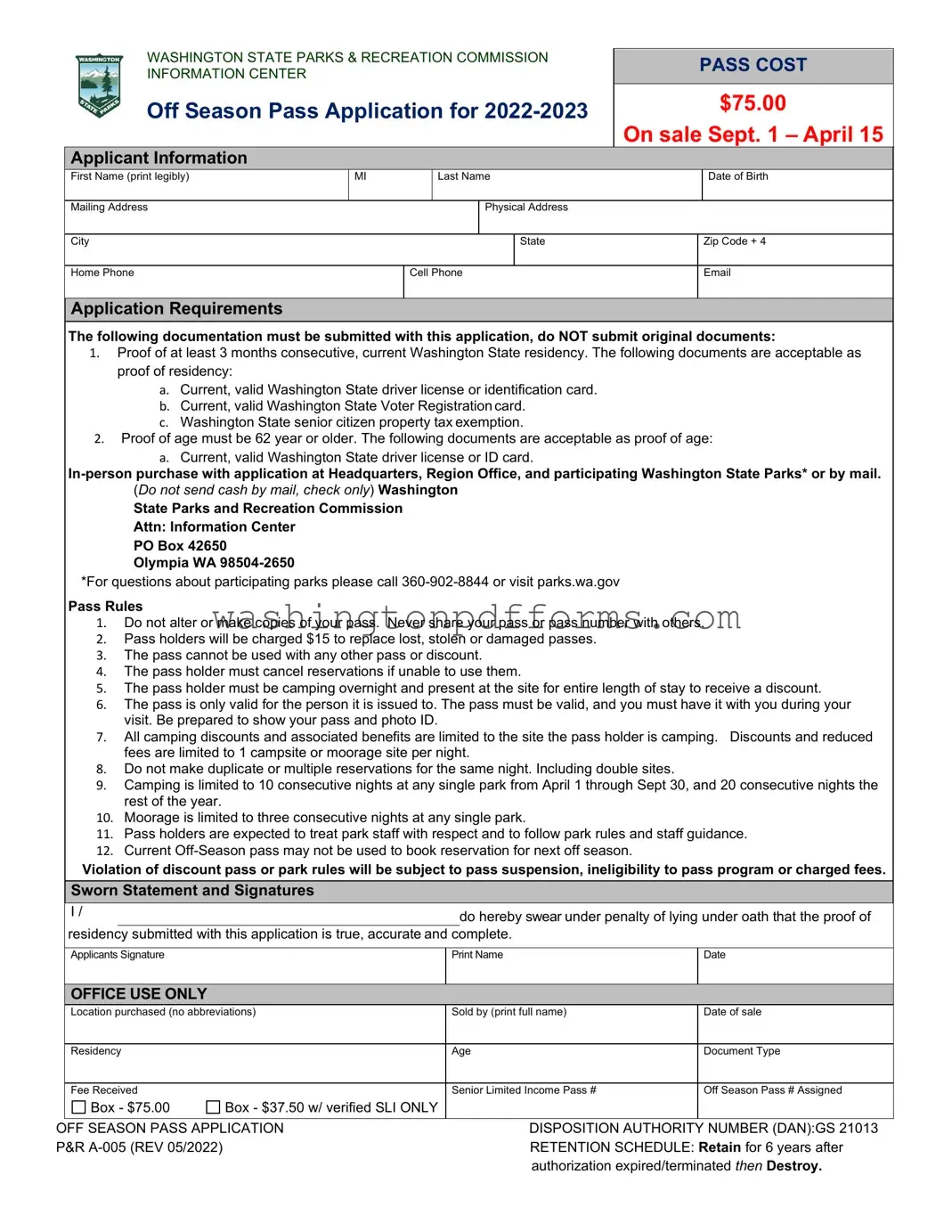 Fillable Wa State Park Pass Template