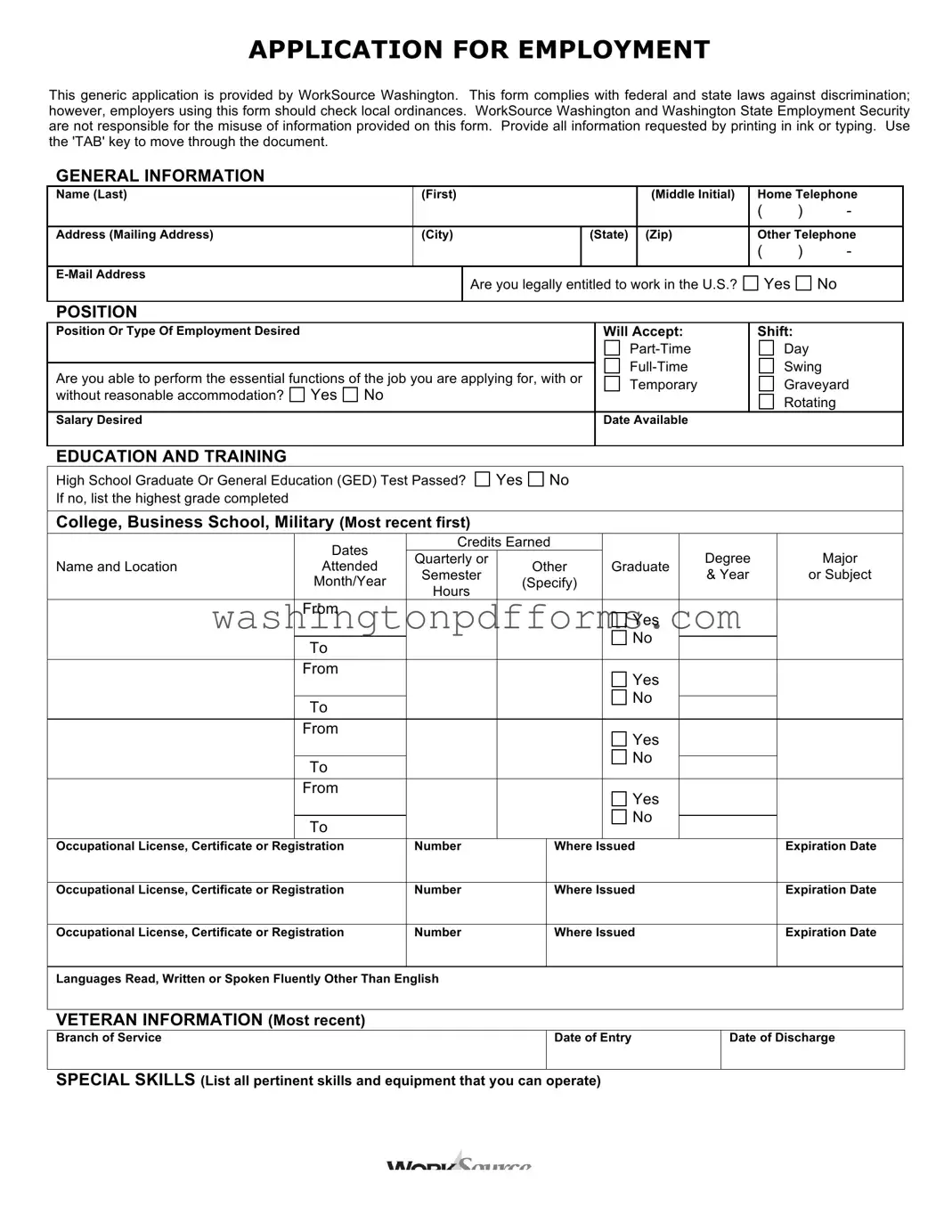 Fillable Washington Employment Application Template
