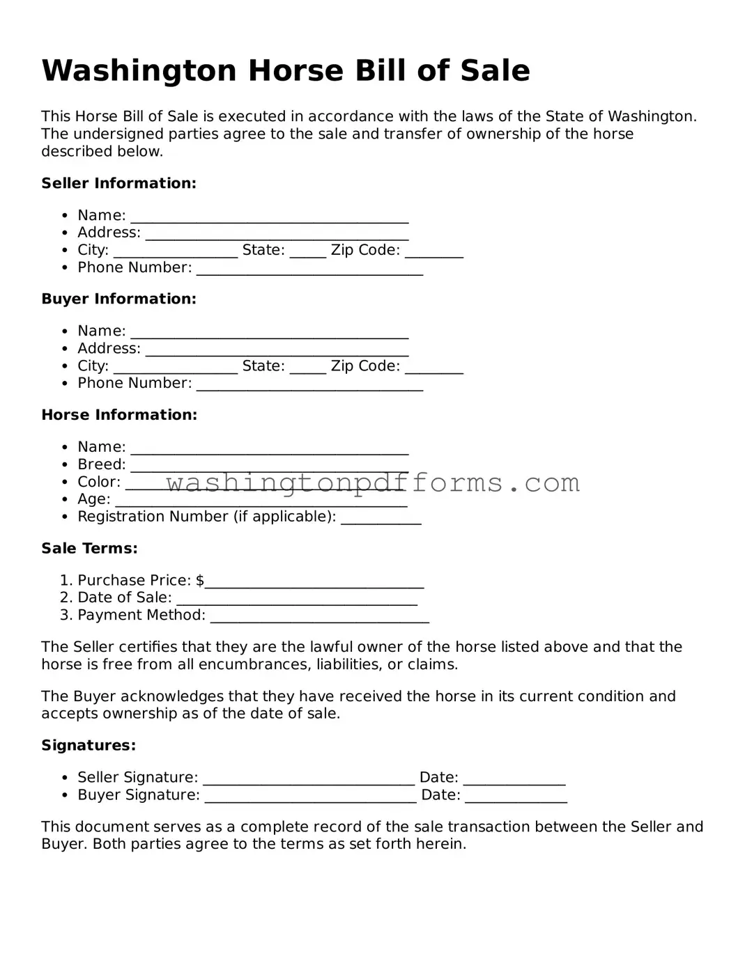 Attorney-Approved Washington Horse Bill of Sale Template
