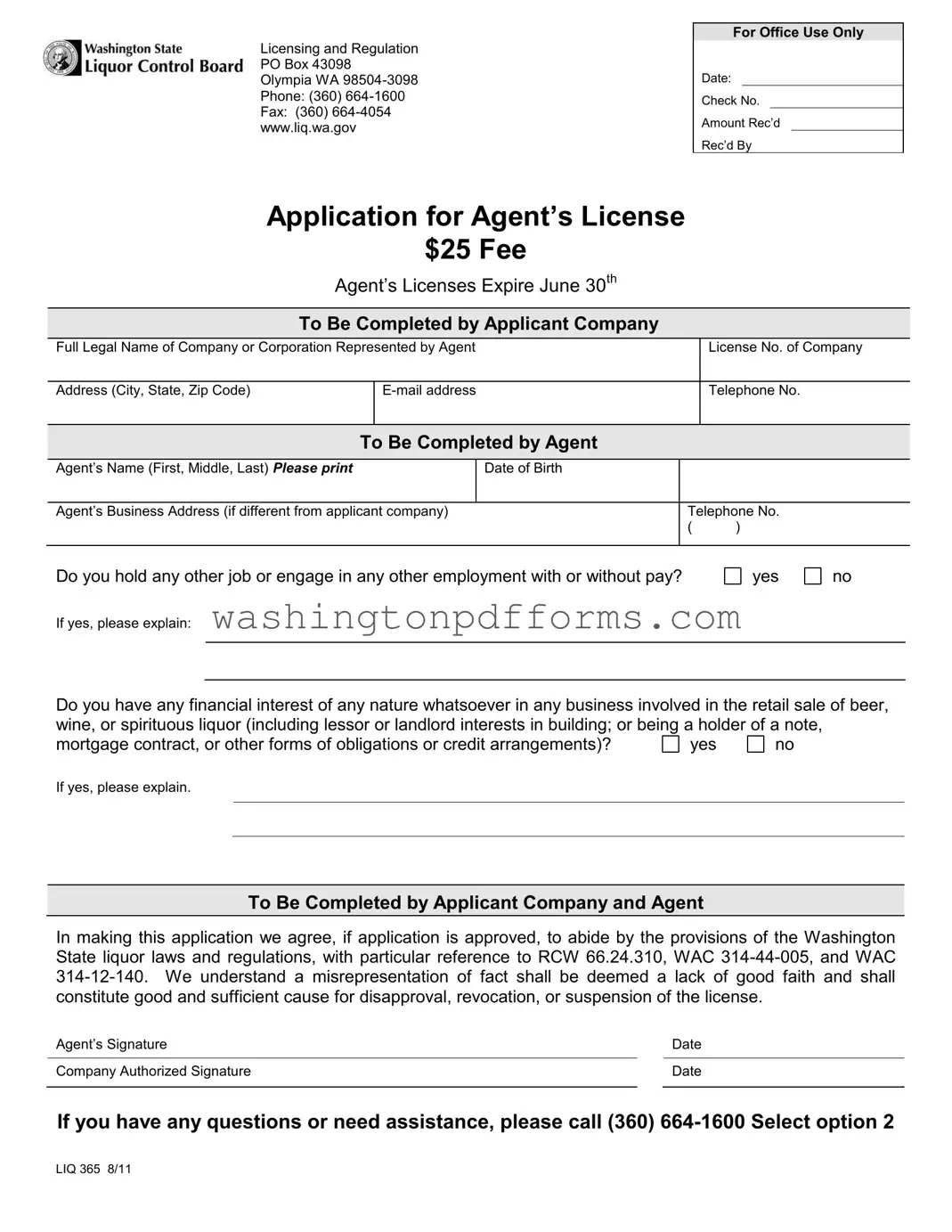 Fillable Washington Liq 365 Template