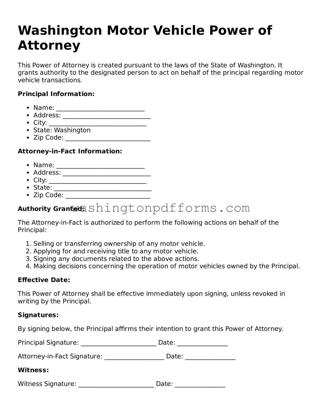 Attorney-Approved Washington Motor Vehicle Power of Attorney Template