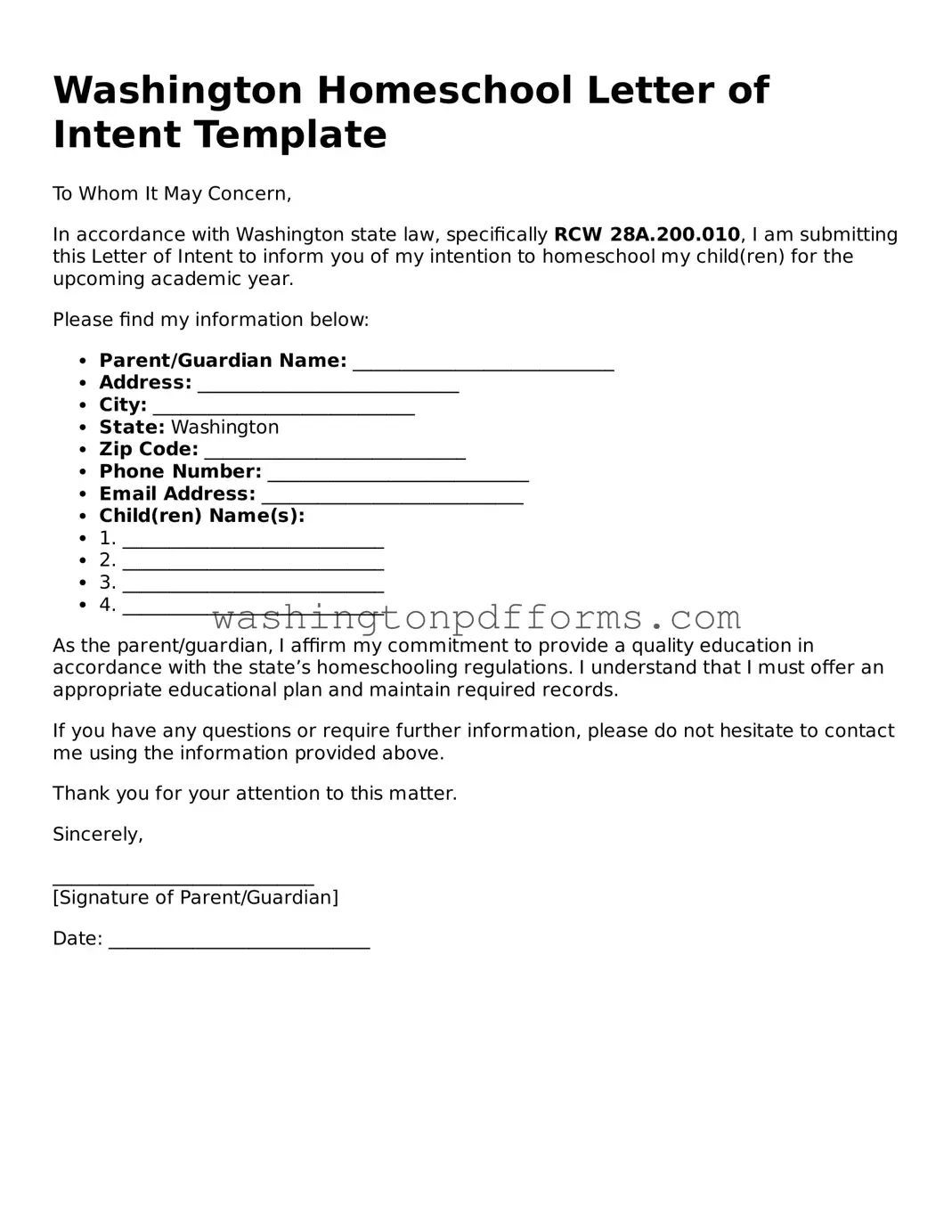 Attorney-Approved Washington Homeschool Letter of Intent Template