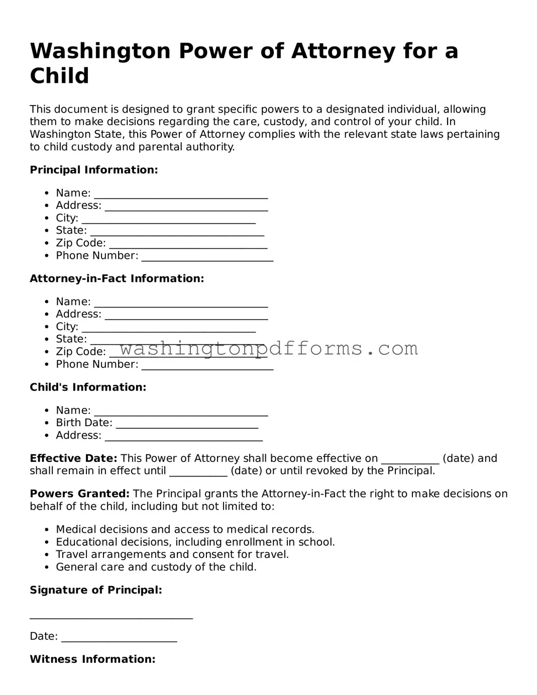 Attorney-Approved Washington Power of Attorney for a Child Template