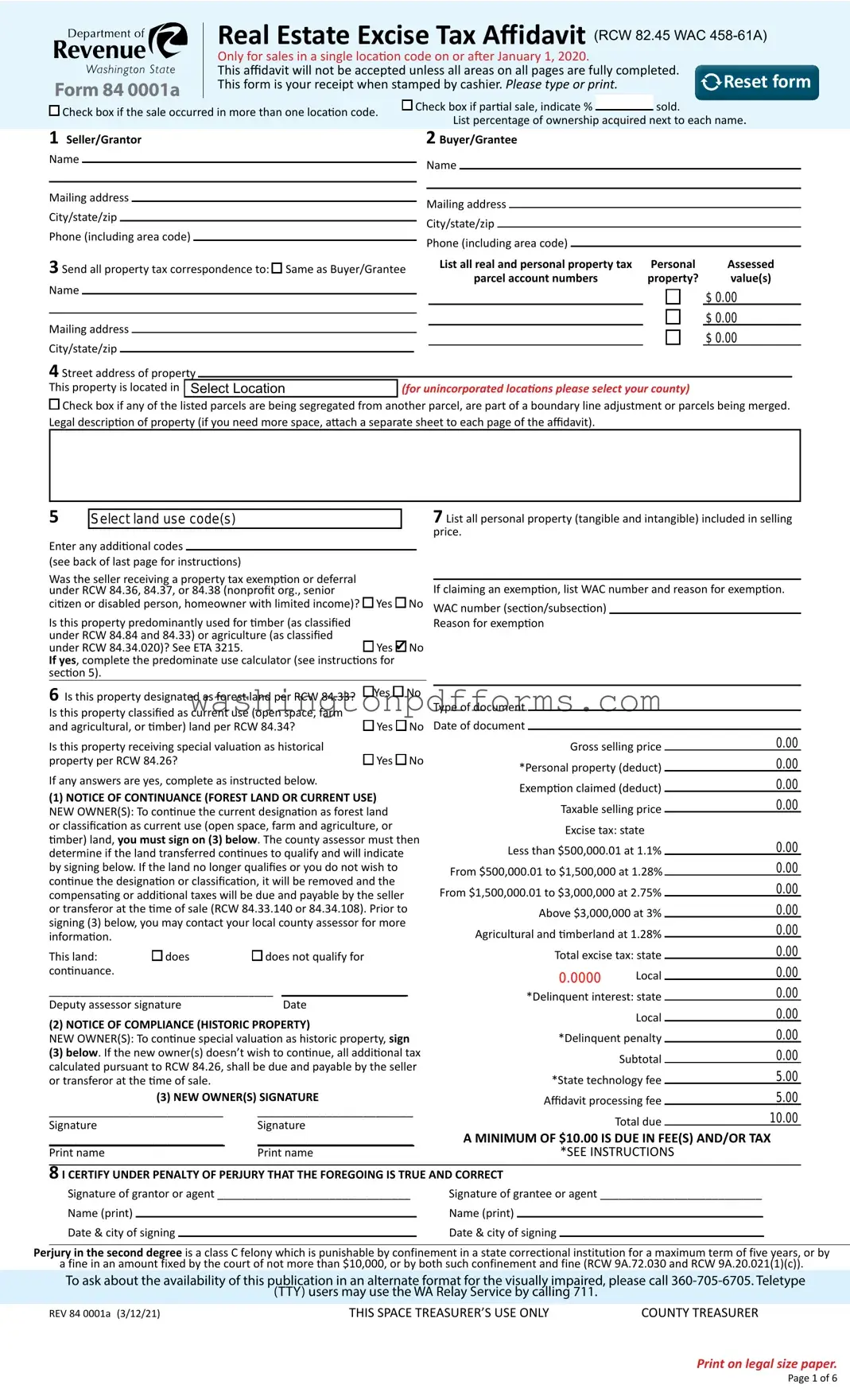 Fillable Washington Real Estate Excise Tax Affidavit Template
