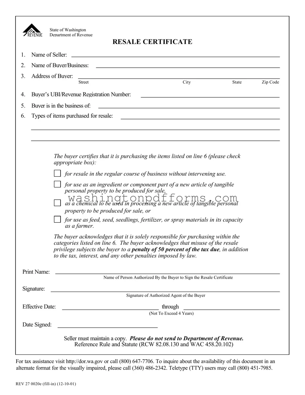 Fillable Washington Resale Certificate Template